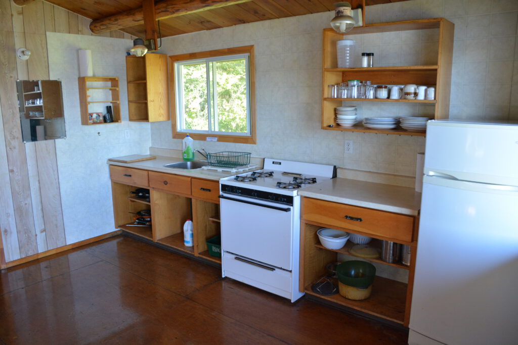 A kitchen inside the cabin at Goat camp.
